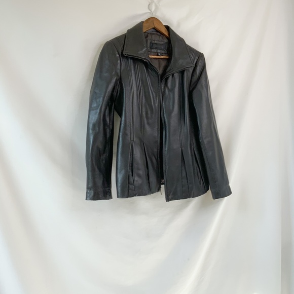 Off black pleated zip up leather jacket - Picture 6 of 6